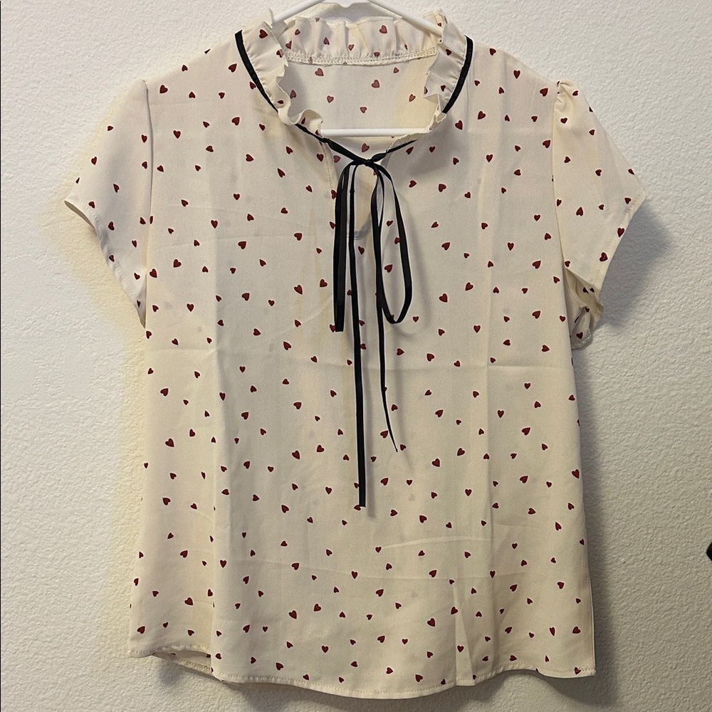 SHEIN Cream and Red Heart Print Blouse